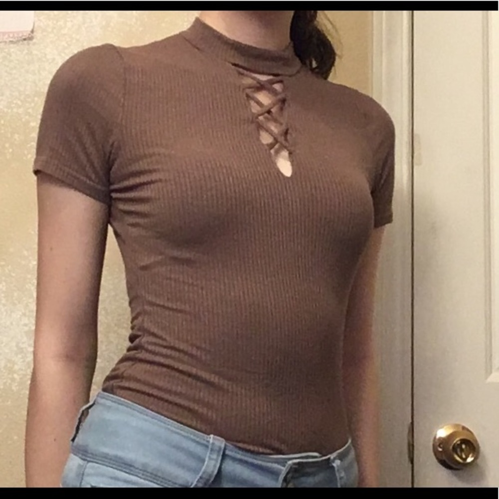 Lace up, mock neck, cutout shirt